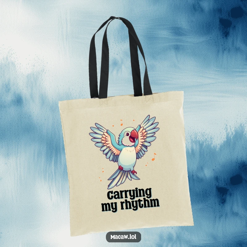 Funny Tote Bag with a happy macaw with wings spread wide, dancing joyfully to unheard music, ready for any adventure.