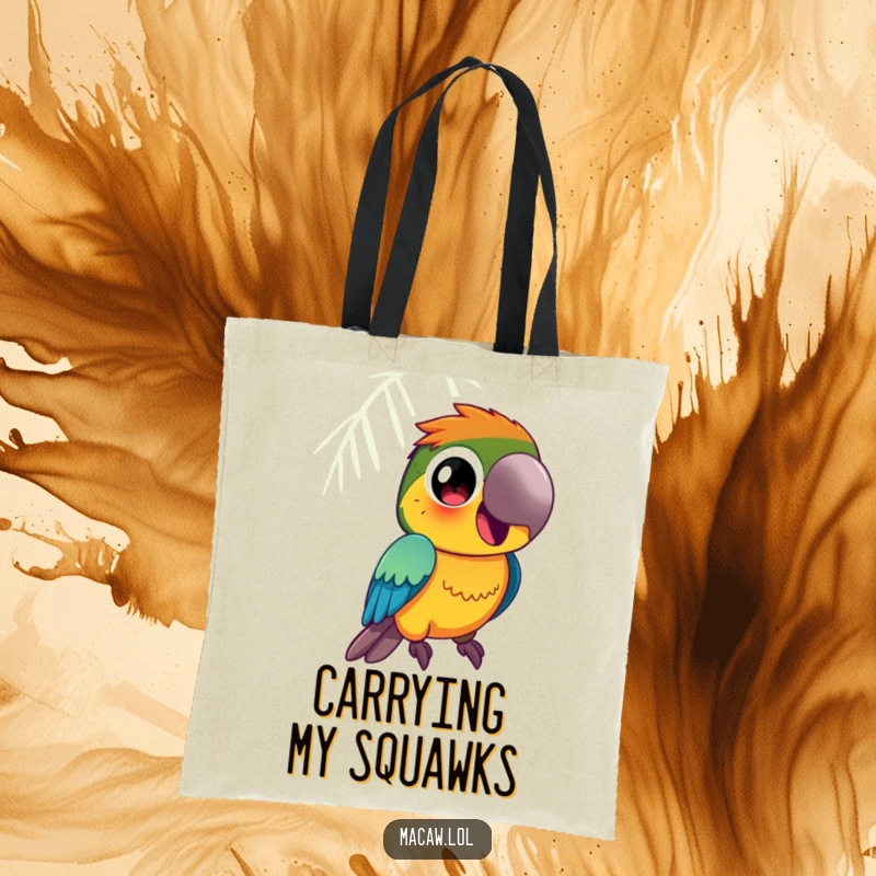 Funny Macaw Tote Bag: A vibrantly colored macaw bird with large, curious eyes squawks happily, perfect for everyday flair.