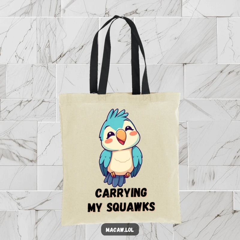 Funny kawaii macaw tote bag, showcasing a bird with a funny squawk expression, perfect for carrying essentials with vocal humor, a funny gift.
