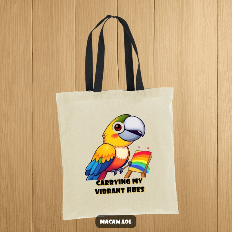 Funny tote bag depicting a happy, grinning macaw bird creating a vivid rainbow, ideal for carrying art supplies or groceries with humor.