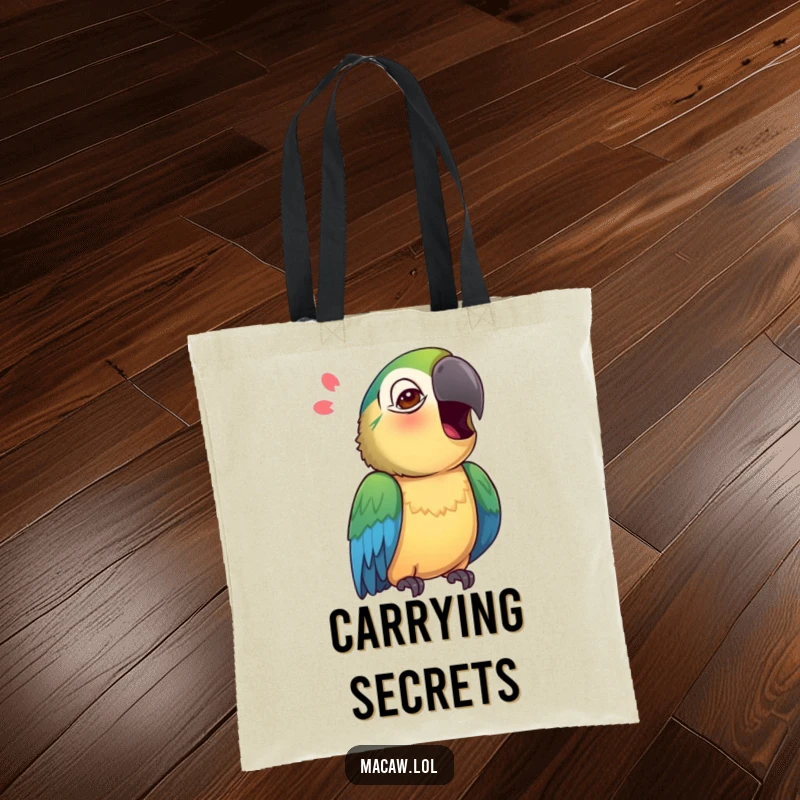 Funny Macaw Tote Bag showing a curious macaw tilting its head, seemingly mimicking a sound.