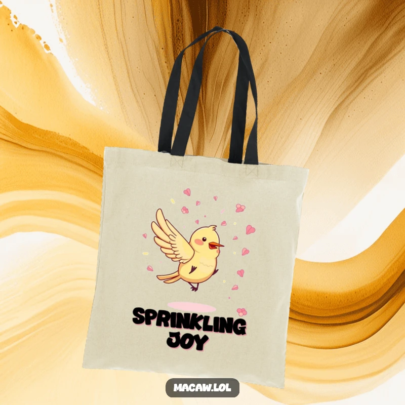 Funny Confetti Bird Tote Bag featuring a bird playfully scattering flower petal confetti, ideal for carrying party essentials with flair.