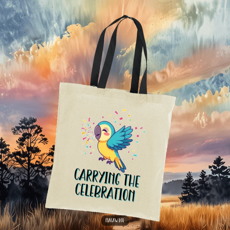 Funny macaw tote bag showcasing a cheerful bird releasing a shower of colorful confetti, designed for carrying essentials with flair.