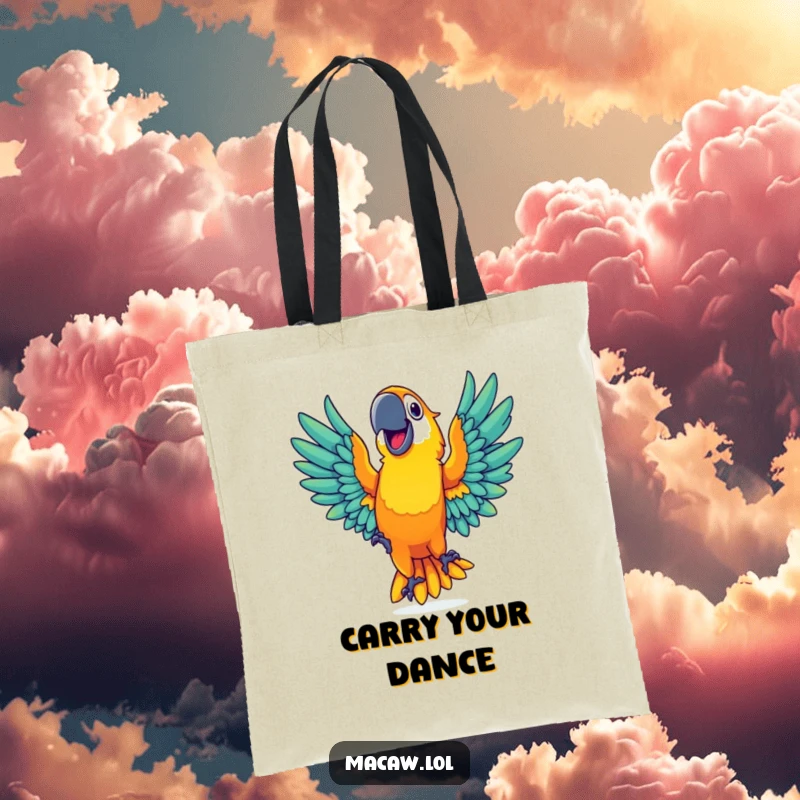 Funny, vibrant macaw with a wide grin dancing with outstretched wings, printed on a durable tote bag.