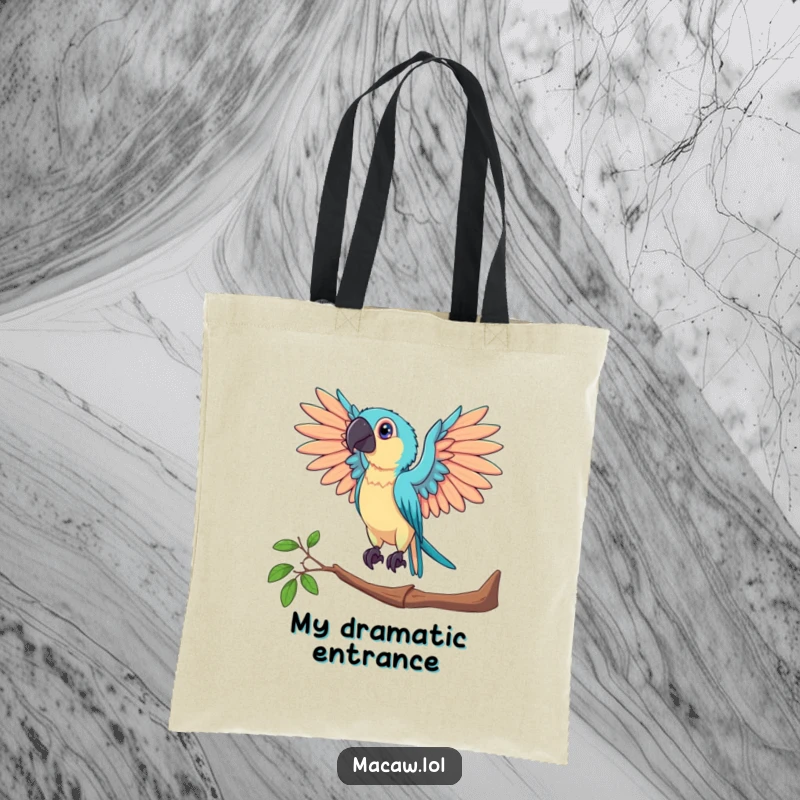 Funny tote bag showing a macaw bird posing dramatically on a perch with its wings spread wide, carrying items with flair.