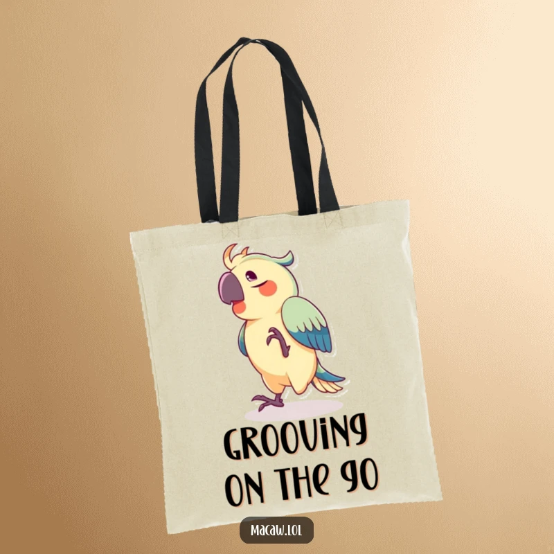 Funny tote bag showing a joyful macaw dancing enthusiastically, its foot tapping rhythmically, great for daily use.