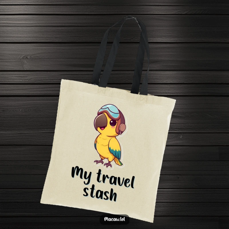 Funny tote bag showcasing a small macaw bird wearing a tiny aviator helmet, ready for any expedition.