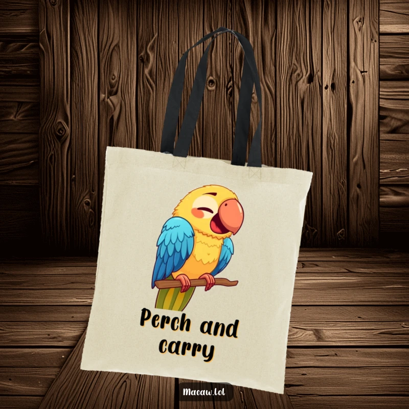 Funny Macaw Face Tote Bag: A cute macaw making a funny face while trying a new perch, a humorous and useful carry-all.