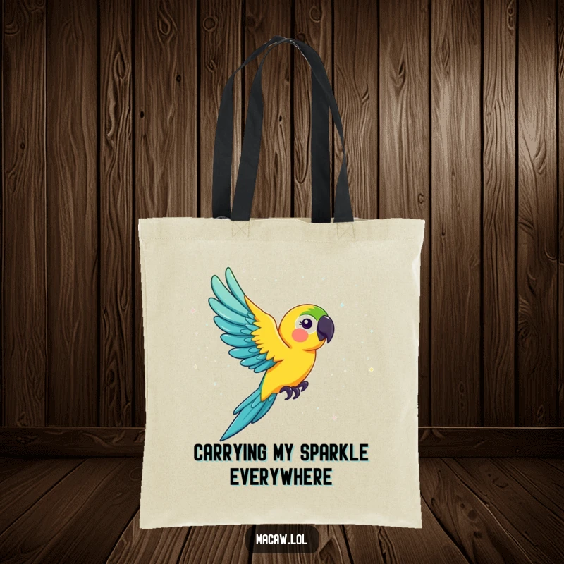 Funny macaw tote bag, a vibrant bird artistically flying through a shower of dazzling gold and silver glitter, perfect for shoppers.