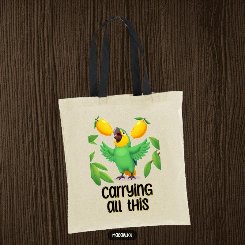 Funny macaw tote bag illustrating a laughing bird juggling three ripe mangoes, great for shopping.