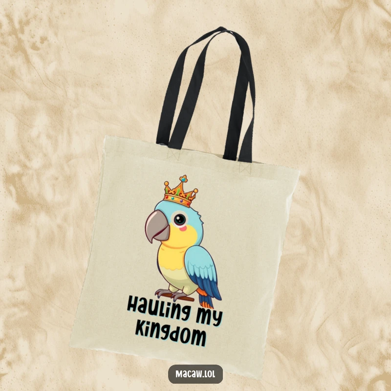 Funny Macaw Tote Bag: A proud macaw bird balances a tiny, ornate crown on its head, perfect for carrying items in royal style.