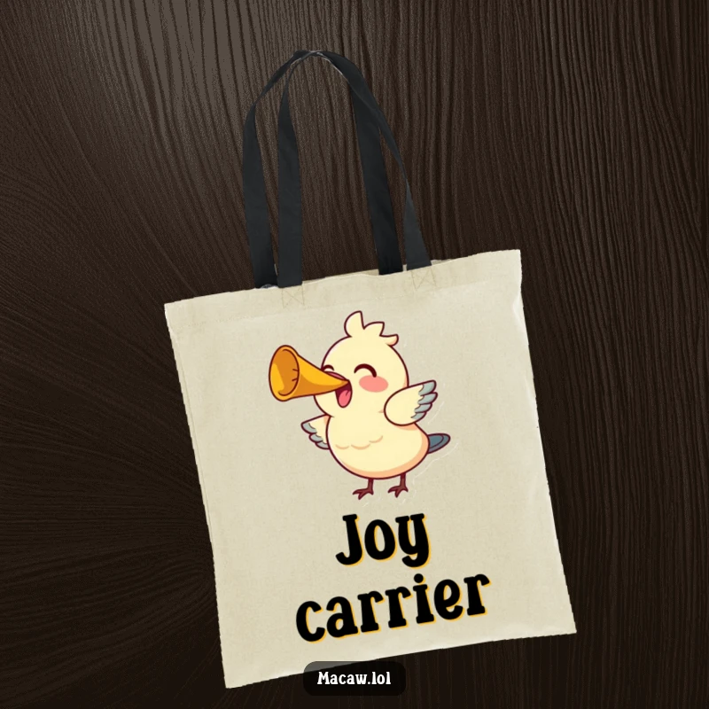 Funny Bird Horn Tote Bag: A joyful bird honks a tiny horn with gusto, a musical and humorous accessory for everyday use.
