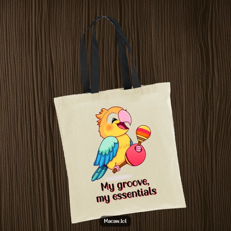 Funny macaw enthusiastically shaking a maraca, a vibrant and humorous tote bag for parties.