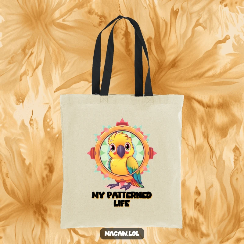 Funny tote bag showing a curious macaw bird looking through a giant, sparkling kaleidoscope, carrying treasures with wonder.
