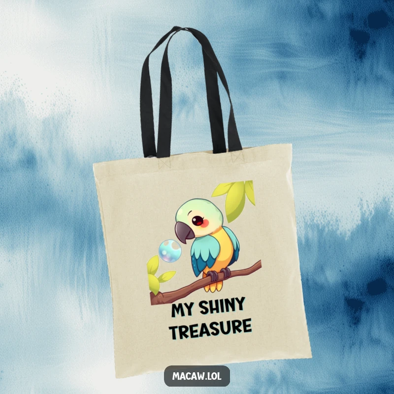 Funny kawaii macaw tote bag, showcasing a bird on a branch looking at a shiny object, perfect for carrying essentials with charming humor, a funny gift.