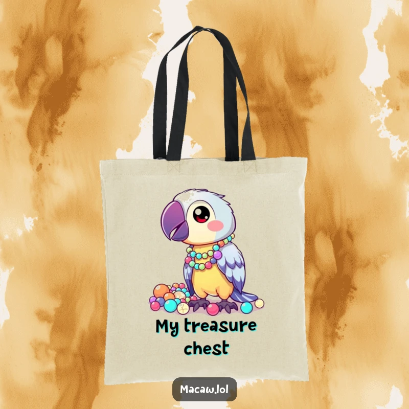 Funny Tote Bag with a kawaii macaw proudly displaying its collection of shiny, mismatched beads, adding a touch of charm.