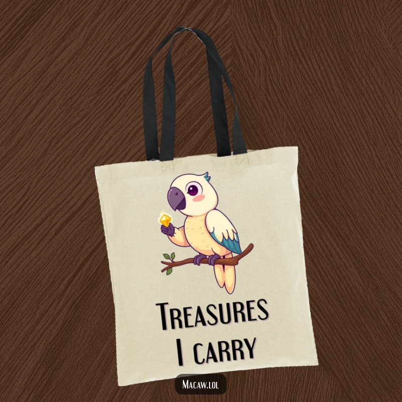 Funny macaw tote bag, a pirate parrot perched on a branch, clutching a handful of shiny, sparkling treasure.